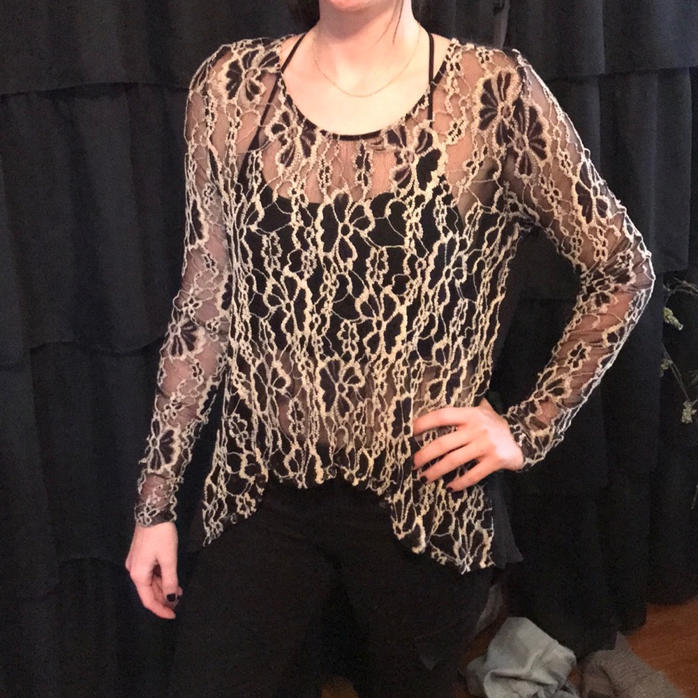 Black and cream lace see through top